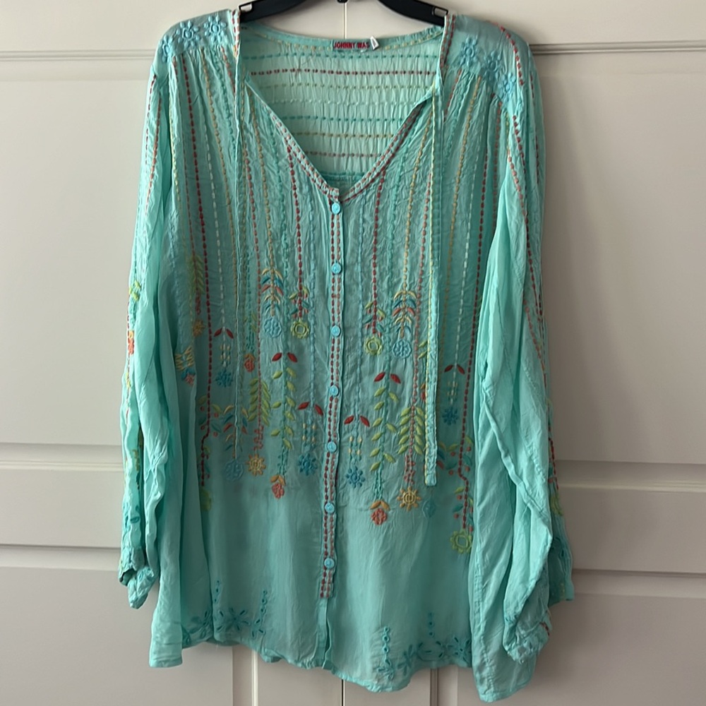 Johnny Was Aqua Embroidered tunic top large - Picture 3 of 16